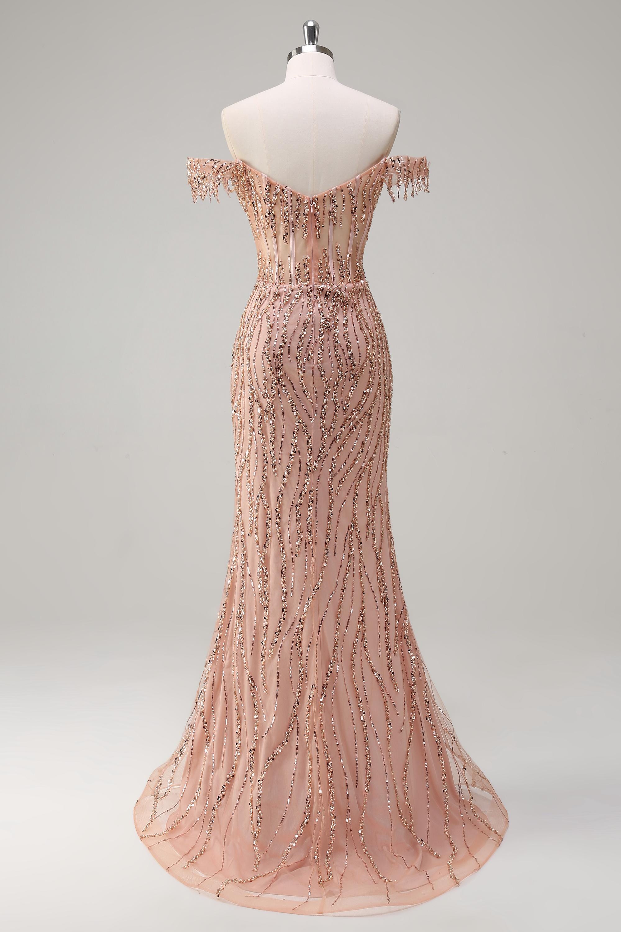 rose gold mermaid wedding dress Mermaid V-Neck Rose Gold Long Prom Dress with Criss Cross Back –  FancyVestido main image 0