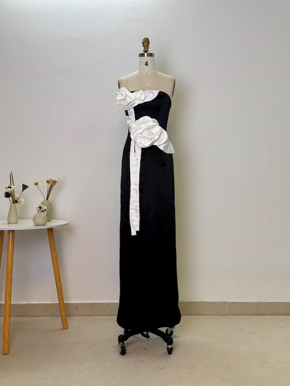 black formal dress with white accent black dress with white accents Black White Colorblock Gown