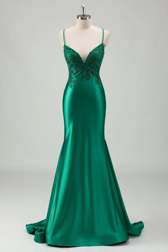 Emerald Green Evening Dress, Satin, With Lace, Figure-hugging, With Train,  Elegant Ball Gown, Glamorous Dress for Special Occasions - Etsy