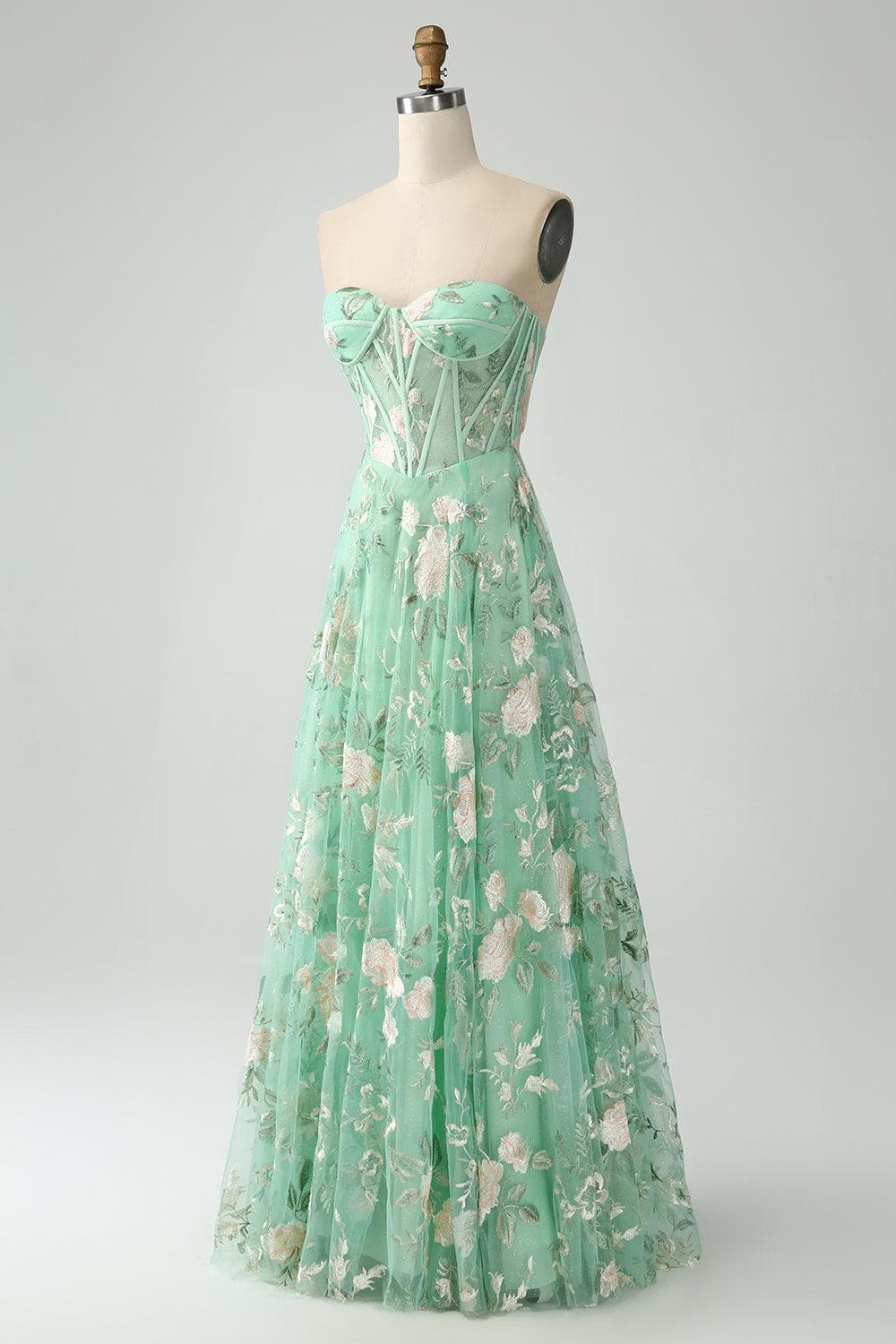 Long Evening Dress in Mint Green With Floral Embroidery, Corset Design,  Strapless and Floor-length  Perfect for Balls, Weddings, and Special  Occasions. - Etsy