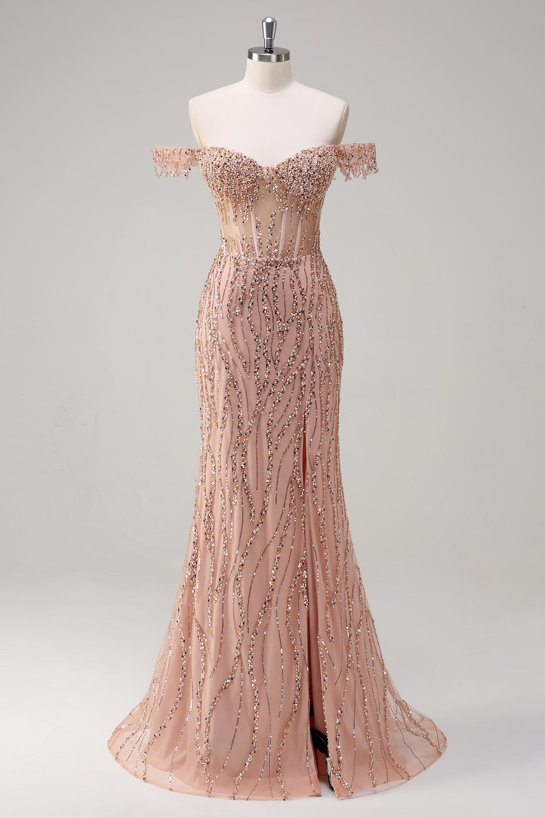 beautiful rose gold dresses Colors 3559 Fitted Long Formal Beaded Prom Dress main image 0
