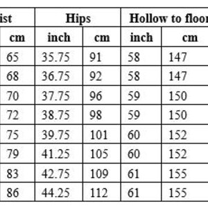 May include: Size chart for clothing with measurements in inches and centimetres. Bust, waist, hips, hollow to floor, UK, US, and EU sizes are listed.
