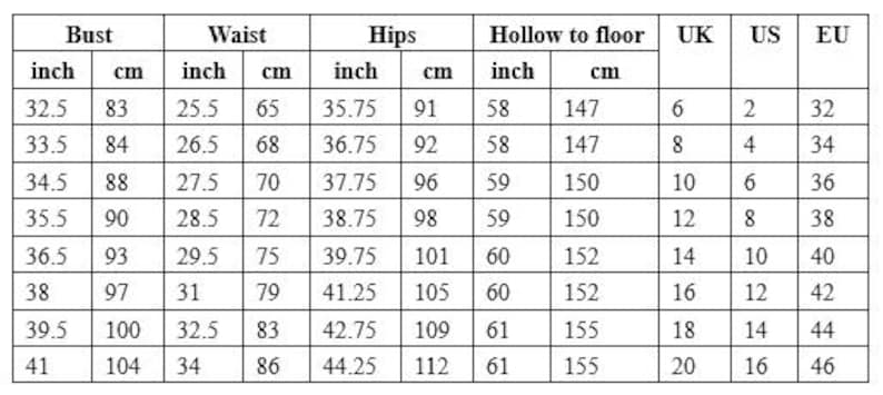 May include: Size chart for clothing with measurements in inches and centimetres. Bust, waist, hips, hollow to floor, UK, US, and EU sizes are listed.