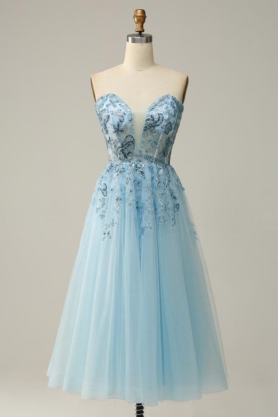 Sky blue off-the-shoulder tulle dress, glitter evening dress with embroidery, midi dress with deep V-neck for prom & party Sky blue off-the-shoulder tulle dress, glitter evening dress with embroidery, midi dress with deep V-neck for prom & party