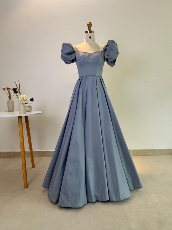 handmade princess dresses Handmade Princess Dress – Elegant Light Blue Ball Gown With Puff Sleeves –  Vintage Satin Evening Dress for Special Occasions