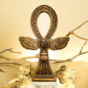 Ankh Egyptian Symbol Statue, Wooden Cross of Life Figurine, Pagan Altar Decor, Hand Carved Kemet Mythology Sculpture, Sacred Protection Gift