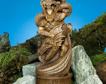 Thor standbeeld Noorse god altaar decor Viking Jormungandr sculptuur Ragnarok ritueel Asatru heidense afbeelding