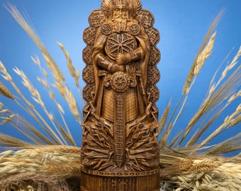 Perun Slawische Gott-Statue, handgeschnitzte Eichenholzfigur, Donnerkriegsidol, heidnischer Altardekor