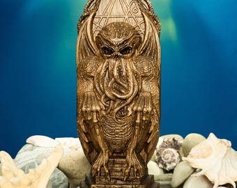 Cthulhu Statue Hand-Carved Solid Oak Hand-Carved: Lovecraftian Cosmic Horror Altar Decor