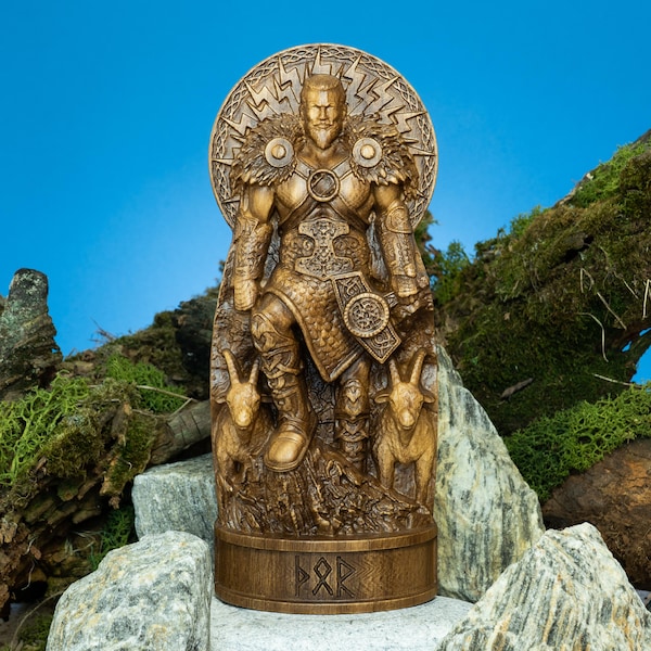 Thor Statue Mjolnir Hammer Norse God Thunderer Donar Pagan Altar Asatru Viking Wooden Decor
