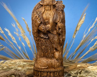 Veles slawische Gott-Statue, handgeschnitzte Eichenholzfigur, magisches Unterweltidol, heidnischer Altardekor
