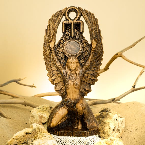 Isis Statue Egyptian Goddess Magic Motherhood Throne Protection Ancient Kemet Pagan Altar Wooden Decor
