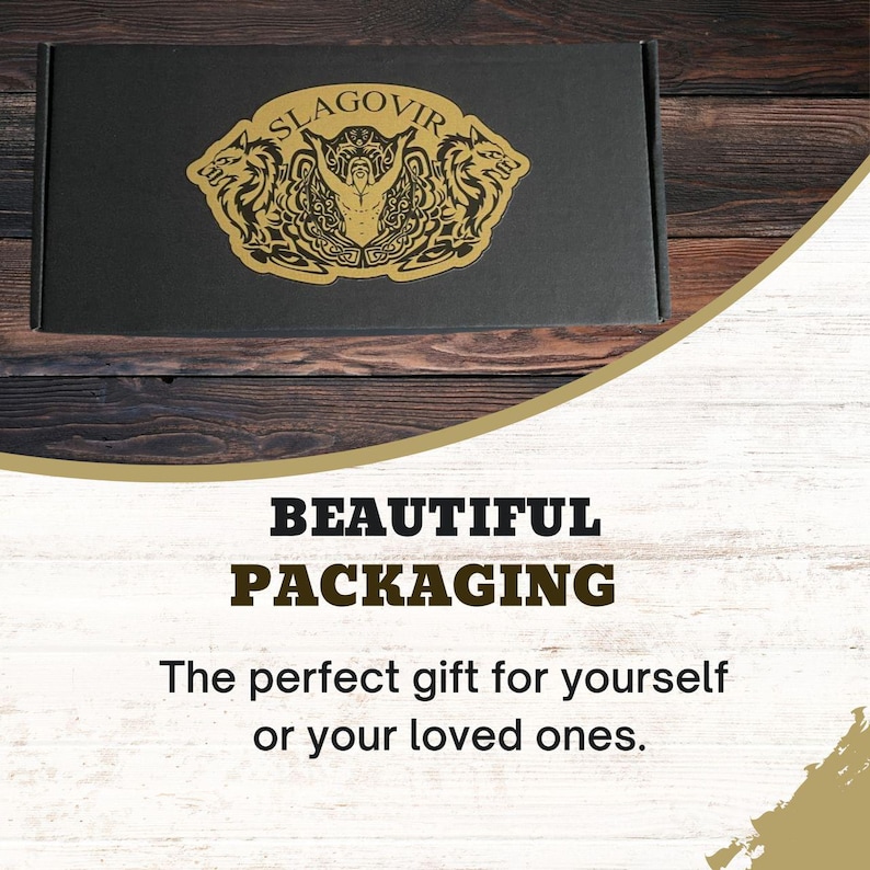 May include: A black box with a gold logo featuring a man with two wolves on either side. The logo says "SLAGOVIR". The box is on a wooden surface. The text "BEAUTIFUL PACKAGING" is below the box. The text "The perfect gift for yourself or your loved ones." is below the text "BEAUTIFUL PACKAGING".