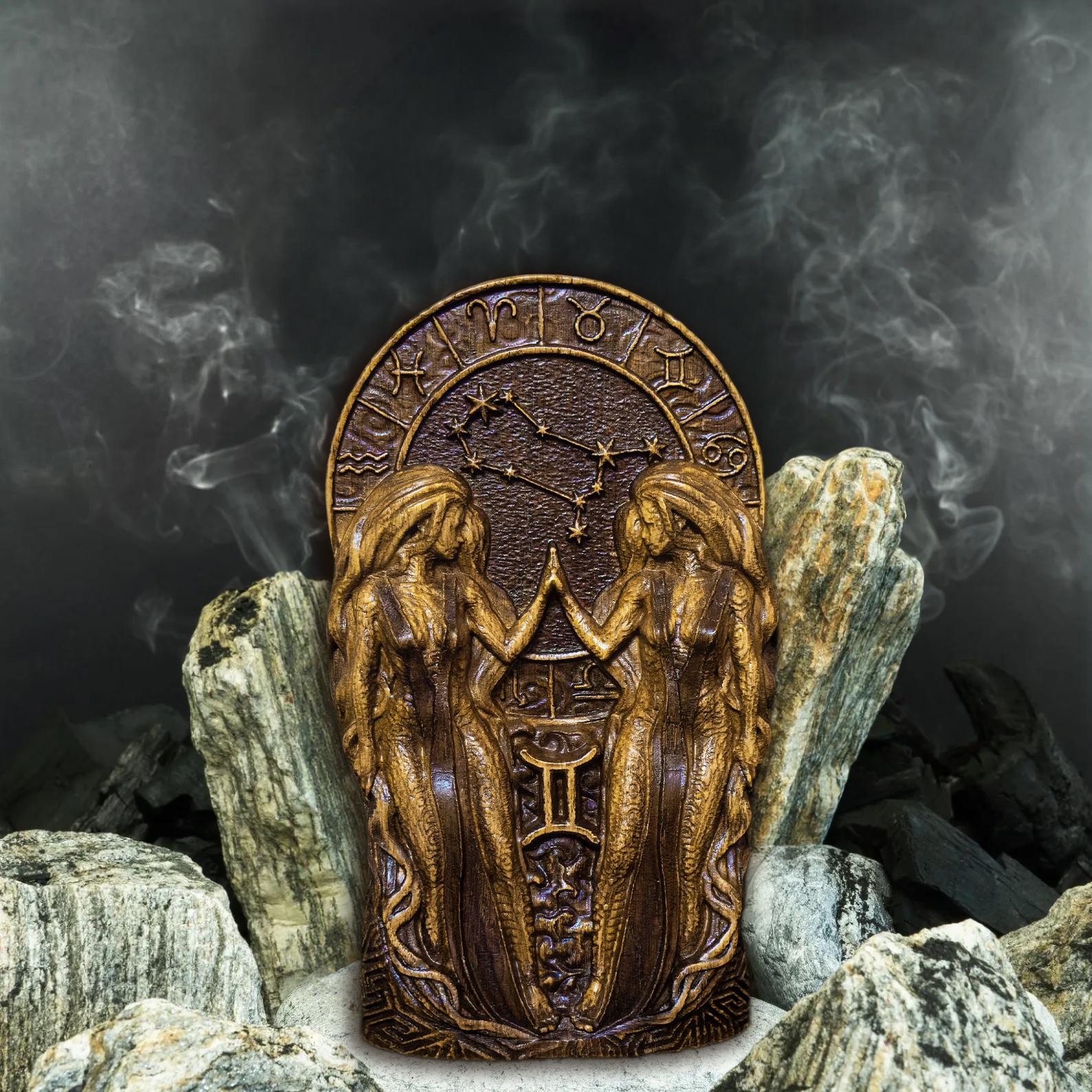 Gemini Zodiac Statue, Hand-carved Figurine, Air Sign Sculpture