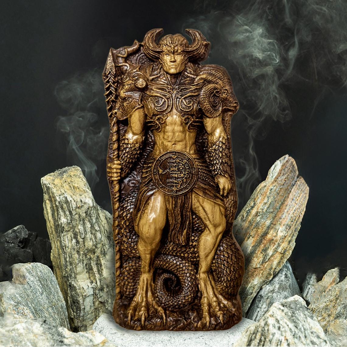 Asmodeus Demon Statue – Occult Wooden Figurine, Handcarved Altar
