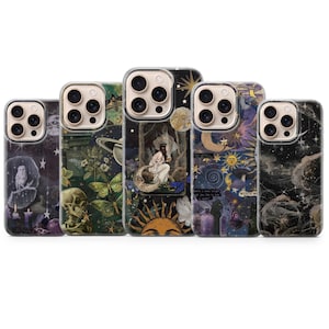 May include: Five smartphone cases arranged in a row, each featuring distinct celestial and mystical illustrations. Designs include an owl, a skull, a person sitting on a crescent moon, a sun, stars, planets, butterflies, and various dark, cosmic patterns.