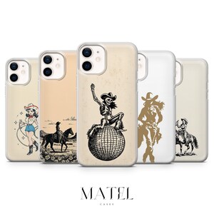 May include: A collection of phone cases with various cowboy-themed designs. The cases feature illustrations of a cowgirl, a cowboy on a horse, a skeleton cowboy, and a silhouette of a cowboy. The cases are in a variety of colors, including beige, white, and tan.