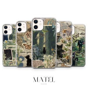 Funda para teléfono con diseño de gato negro, estilo álbum de recortes, para iPhone 16Plus, 15, 14, 13, 12, Google Pixel 9Pro XL, 8A, 7A, 6A, Samsung S24Ultra, S23, S22, A54