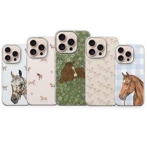 May include: Five smartphone cases featuring horse designs. The first shows a spotted horse head, the second has small horses and horseshoes, the third a foal in a green field, the fourth a pattern of running horses, and the fifth a brown horse on blue plaid.