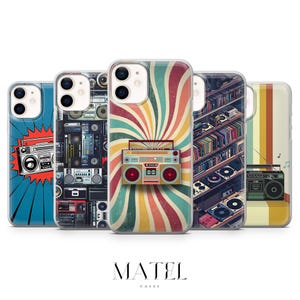 Coque rétro Boombox pour iPhone 17, 16, 15, 14, 13, 12, Samsung S25, S24, S23, S22, A56, A16, Google Pixel 10, 9A, 8, 7, 6