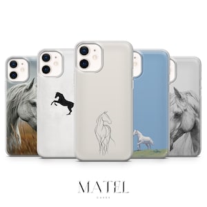 May include: Five phone cases with horse designs. The cases showcase different horse images: a black silhouette, a line drawing, and photographic prints. The cases are transparent, with the brand name "MATEL CASES" printed at the bottom of the image.