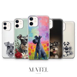 Könnte beinhalten: Eine Auswahl an Handyhüllen mit Schnauzer-Hund-Designs. Die Hüllen zeigen verschiedene künstlerische Stile, von Skizzen bis hin zu gemalten Porträts. Die Hüllen haben unterschiedliche Hintergründe, darunter Blumen- und abstrakte Designs. Der Markenname "MATEL CASES" steht unten.