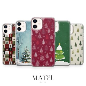 May include: A collection of five phone cases with Christmas-themed designs. The cases feature patterns of Christmas trees, winter scenes, and festive colors like red, green, and white. The brand name "MATEL" is displayed at the bottom.