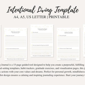 May include: A printable template for an intentional living journal. The template includes pages for setting goals, tracking habits, and practicing gratitude. The pages are decorated with a subtle gold glitter pattern.