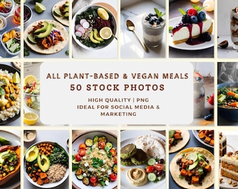 May include: A collection of 50 stock photos featuring plant-based and vegan meals. The photos showcase a variety of dishes, including salads, bowls, desserts, and more. All photos are high quality and ideal for social media and marketing.
