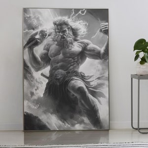 Impresión artística de Zeus, mitología en blanco y negro, descarga digital, arte mural de dios griego, ilustración del dios del trueno, Zeus tormentoso, Zeus poderoso, rayo