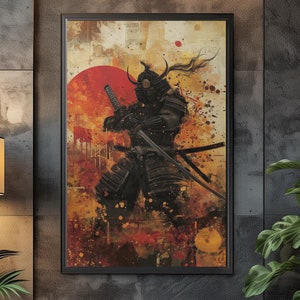 Samurai Art Print,Digital Download,Samurai with Sword,Red S,un Wall Art,Bushido Art Decor,Rising Sun Background,Japanese Themed Print