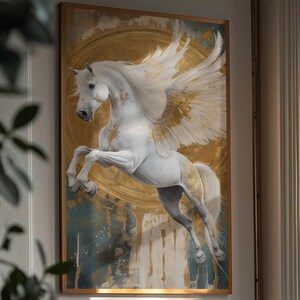 Pegasus Art Print,Digital Download,Gold and White,Mythical Horse,Wall Art,Winged Horse,Majestic Pegasus,Heavenly Horse