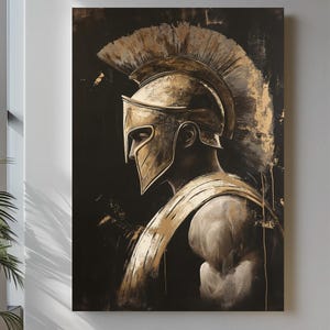 Impresión artística digital de Guerrero Espartano III: Arte mural con casco griego antiguo. Póster dorado de gladiador para el hogar, la oficina o la sala de estar.