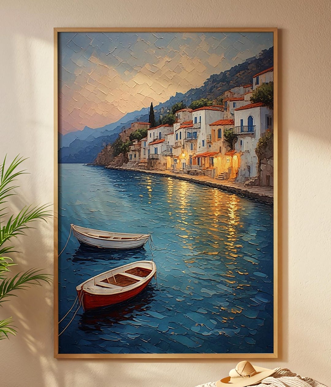 Mediterranean Coastal Village Sunset Wall Art Printable, Greek Seaside ...