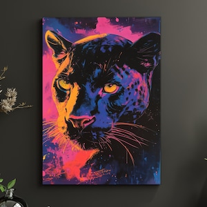 カラフルなパンサーアート、デジタルダウンロード、ウォールアート、エキゾチックなイラスト、自然にインスパイアされたウォールアート、鮮やかなパンサーアートワーク、モダンなパンサー