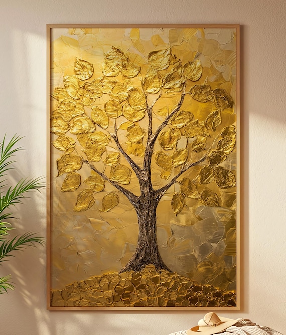 油彩画 金色の木 テクスチャーアート 質感のある金色の木の油絵