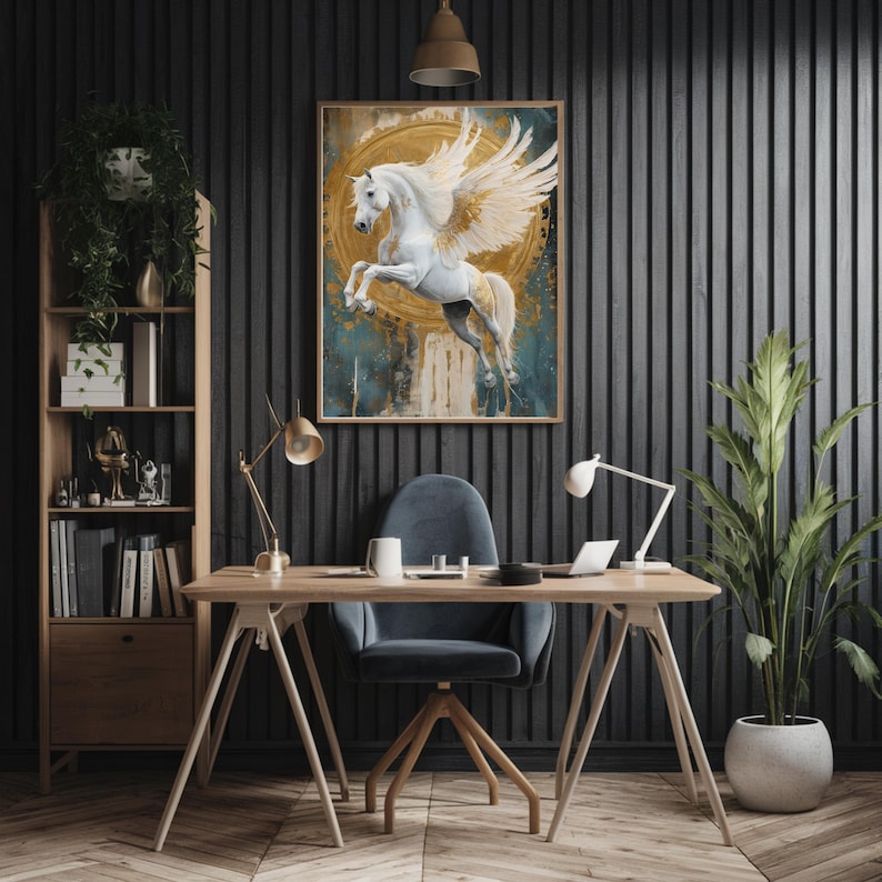Gold Pegasus Art Print: Mythical Winged Horse Wall Decor (digital ...