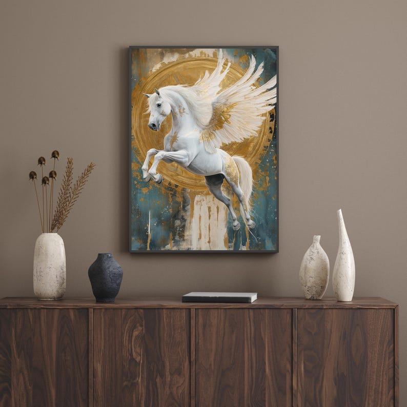 Gold Pegasus Art Print: Mythical Winged Horse Wall Decor (digital ...