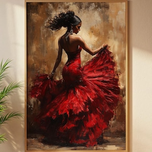 Arte mural imprimible de mujer con vestido rojo, bailarina de flamenco (descarga digital)