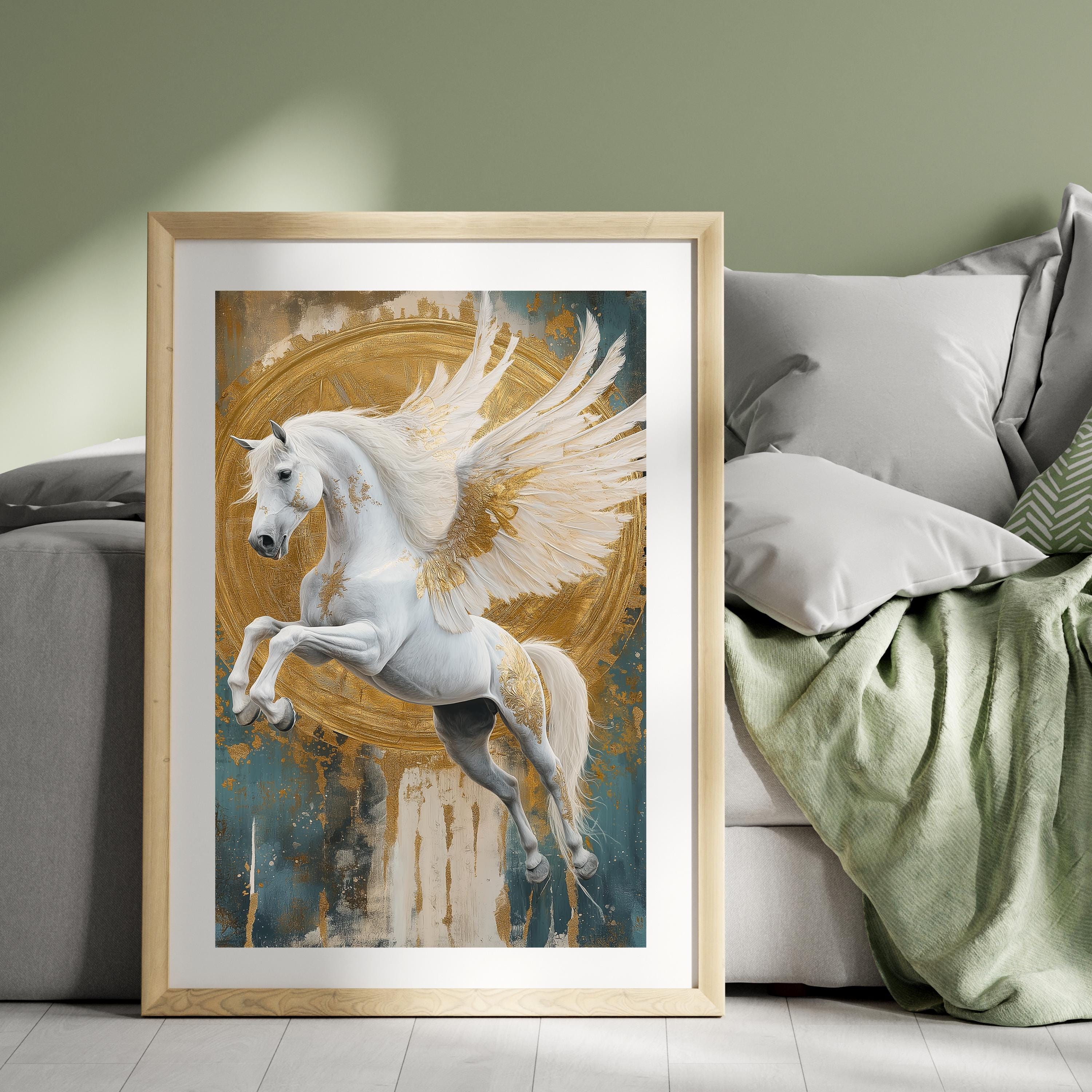 Gold Pegasus Art Print: Mythical Winged Horse Wall Decor (digital ...