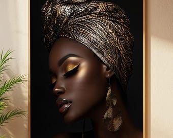 Gold & Black African Woman Portrait: Glam Afrocentric Wall Art (Digital Download)