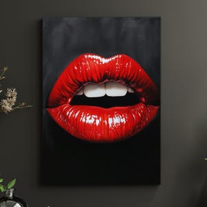 Red Kiss Art,Digital Download,Wall Art,Kiss Mouth on Black Background, Red Kiss Mouth