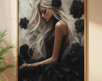 Gothic Black Rose Woman Wall Art: Dark Romantic Oil Painting (Digital Download)