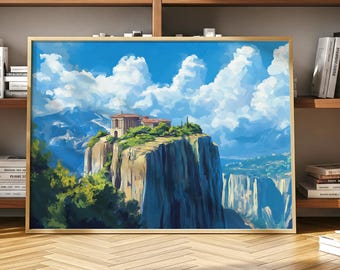 Stampa artistica di Meteora, Grecia: paesaggio montano con cielo azzurro (download digitale)