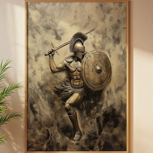 Lámina artística de guerrero espartano: Póster de mitología griega (descarga digital)
