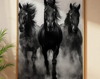 Black and White Running Horses Print: Modern Farmhouse Wall Art (Digital Download