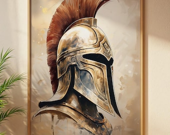 Spartaanse helm kunst aan de muur afdrukbaar, oude Griekse krijger harnas (digitale download)