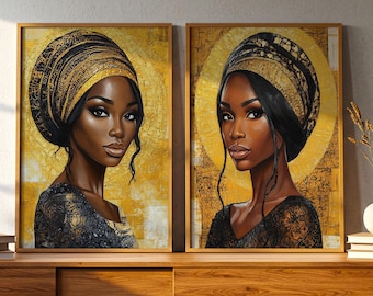 Black Woman Portrait Art | Gold Accent Prints, Set of 2 (Digital Download)