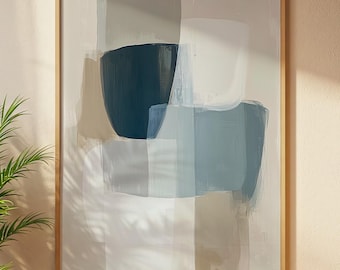 Arte de pared imprimible con formas abstractas neutras en azul y beige (descarga digital)
