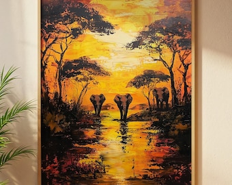 African Elephant Sunset Wall Art: Elephant Family Illustration (Digital Download)